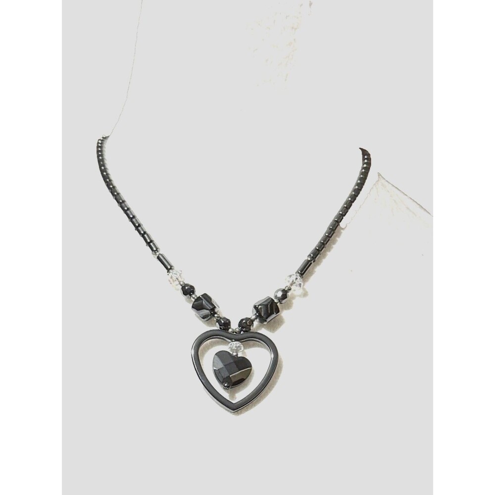 Vintage Hematite Beaded Double Heart Pendant Necklace 1990s Dark Gunmetal Gray